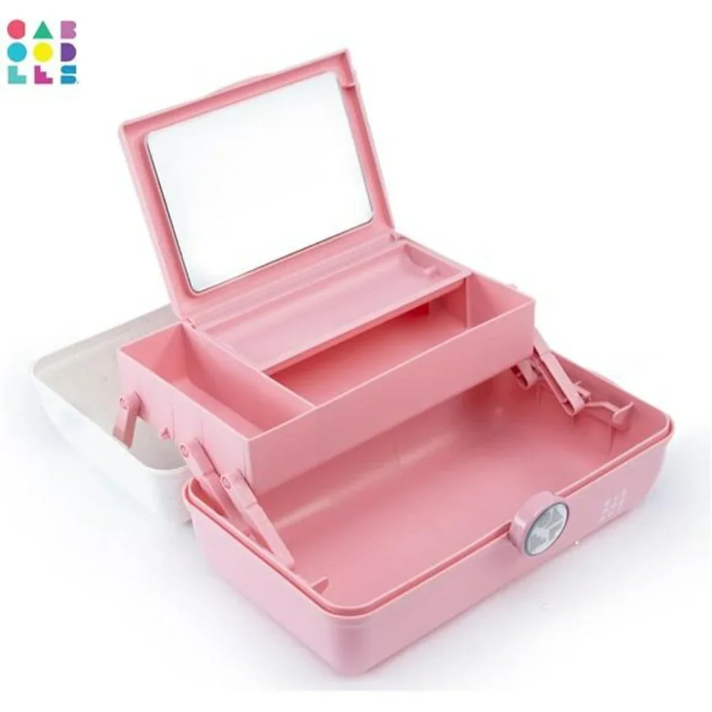 Pink Travel Makeup Organizer Box with Mirror Storage Tray Cosmetic Case